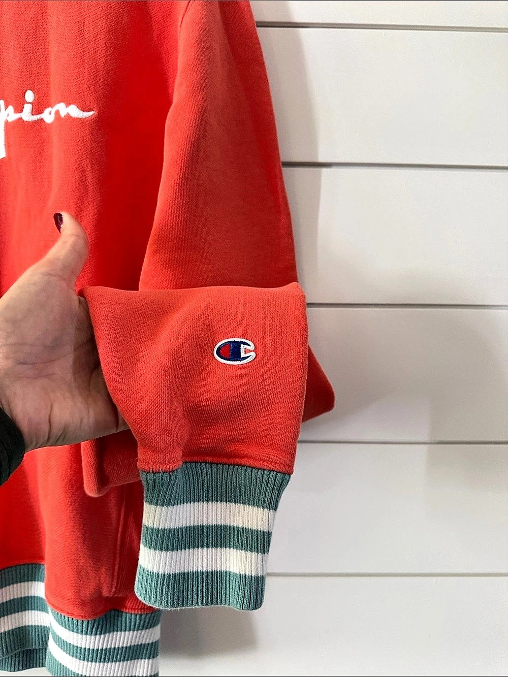 Champion Reverse Weave Script Logo Striped Rib Crewneck Sweatshirt Medium - Picture 4 of 7